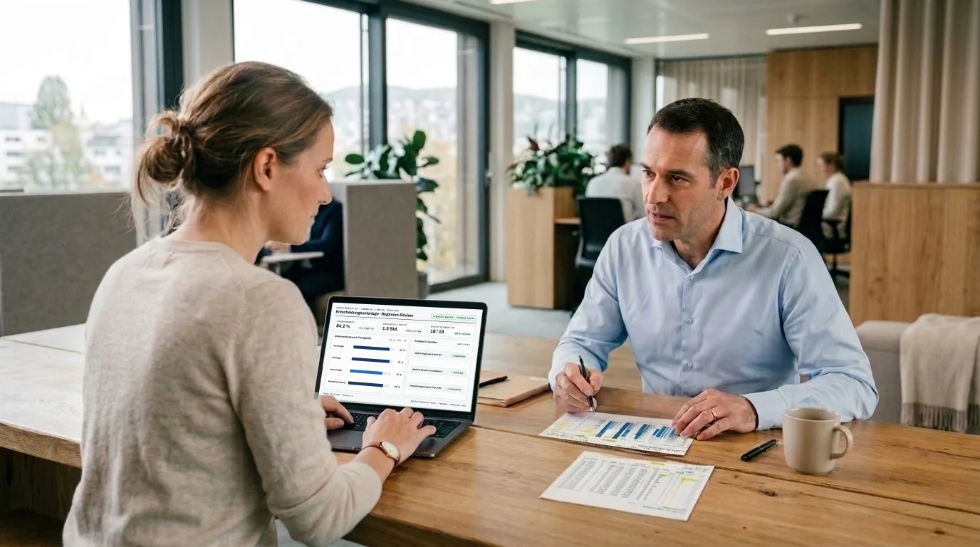 Ein Healthcare- und Pharma-Team bespricht digitale Abläufe und Entscheidungsunterlagen am Bildschirm.