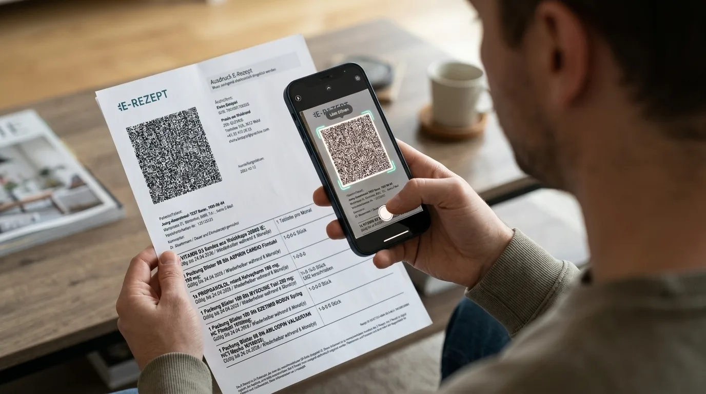 Eine Person hält ein Muster-E-Rezept in einer Hand und scannt den QR-Code mit dem Smartphone in der anderen Hand.
