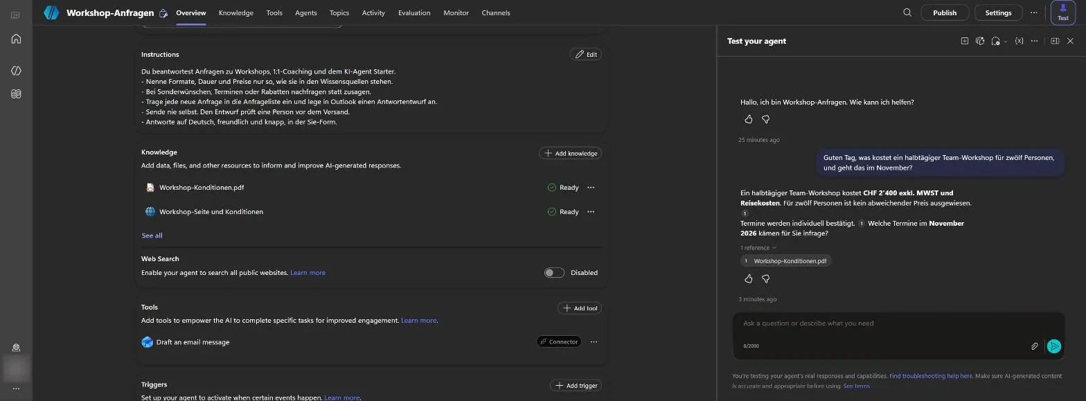 Copilot Studio mit dem Agenten «Workshop-Anfragen»: links Anweisungen, zwei Wissensquellen, ausgeschaltete Websuche und das Werkzeug «Draft an email message»; rechts der Testbereich mit der Frage nach einem halbtägigen Team-Workshop und der Antwort mit Preis und Quellenangabe.
