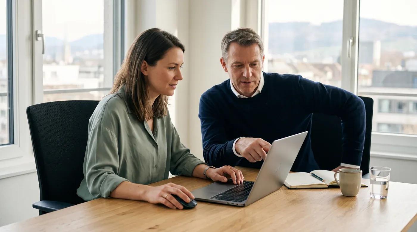 Coaching-Szene: Eine Frau bedient Maus und Tastatur, während ein Mann neben ihr auf den gemeinsamen Laptopbildschirm zeigt.