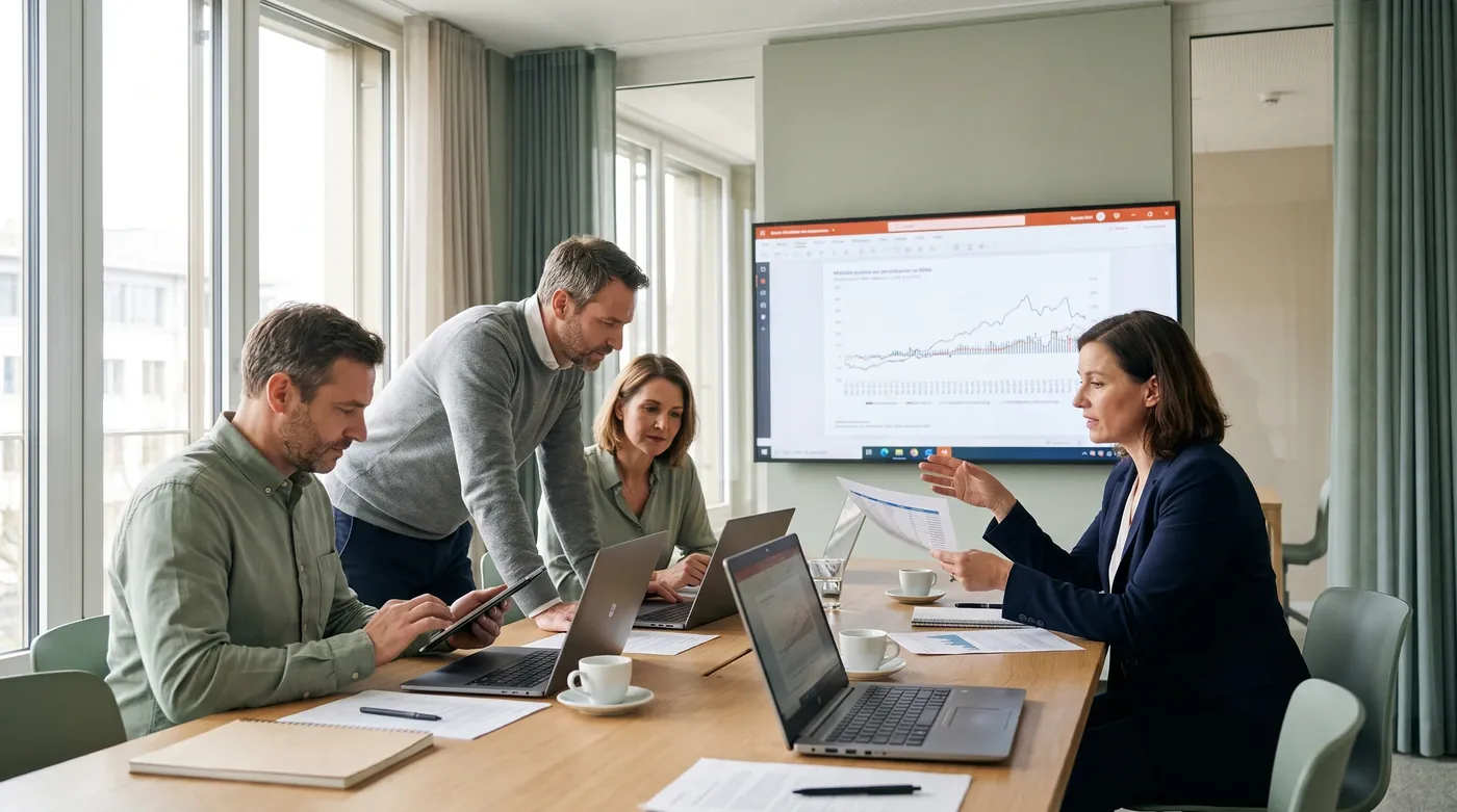 Vier Personen arbeiten gemeinsam mit Laptops und Unterlagen an einem Besprechungstisch.