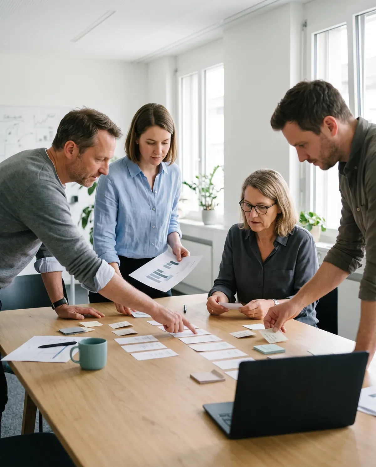 Vier Personen aus Marketing, Vertrieb und Medical sortieren an einem Besprechungstisch Karten mit Ideen in Spalten und besprechen eine ausgedruckte Auswertung.