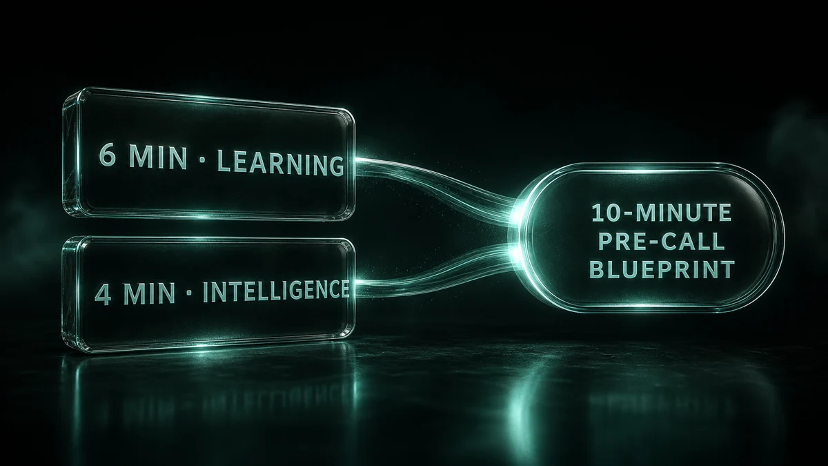 The 10-Minute Pre-Call Blueprint showing how AI transforms pharma sales training: six minutes of microlearning plus four minutes of AI-synthesised account intelligence before each HCP call.
