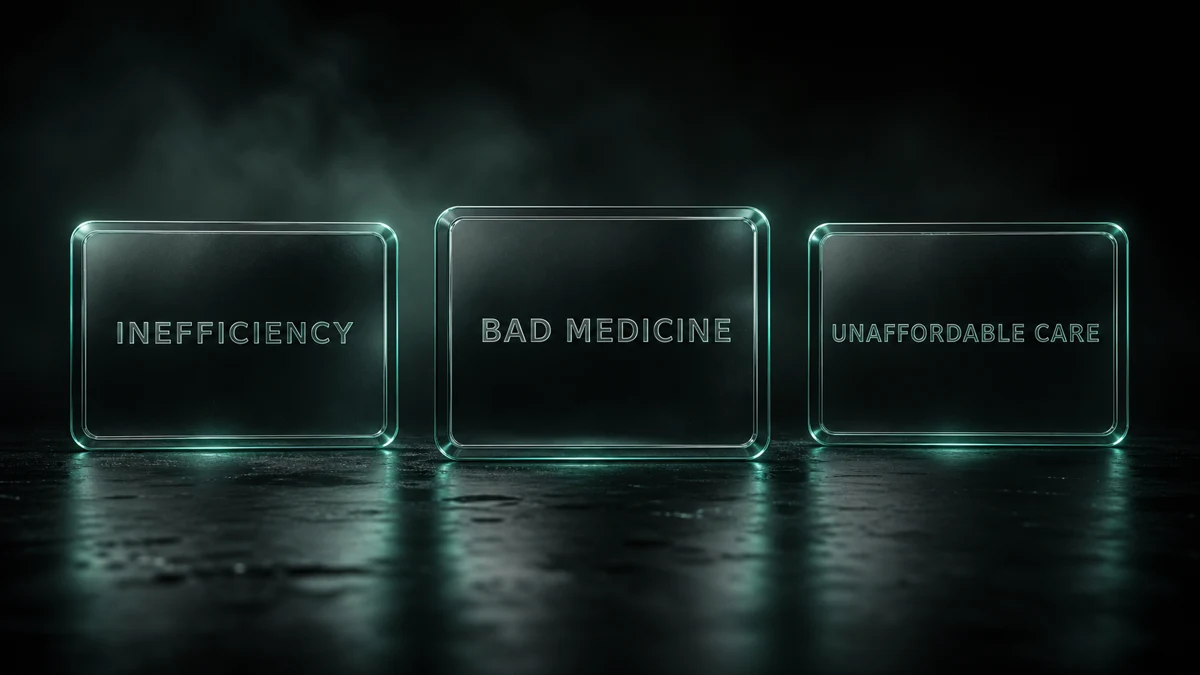 The three costs of healthcare fragmentation (inefficiency, bad medicine, and unaffordable care) shown as three engraved glass panels.