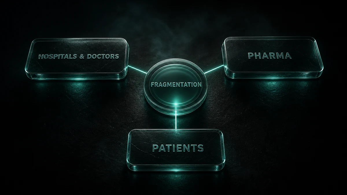 Hospitals & doctors, pharma, and patients each casting a line toward a central glowing word, fragmentation: every stakeholder contributes.