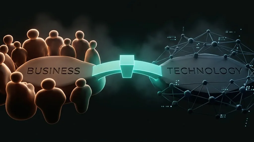 A glowing teal bridge connecting two worlds (a warm human group labelled BUSINESS and a cool geometric network labelled TECHNOLOGY): the translator role made literal.