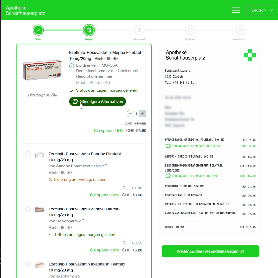 Screenshot des E-Rezept-Moduls mit aufgeklappten günstigeren Alternativen und Preisvergleich