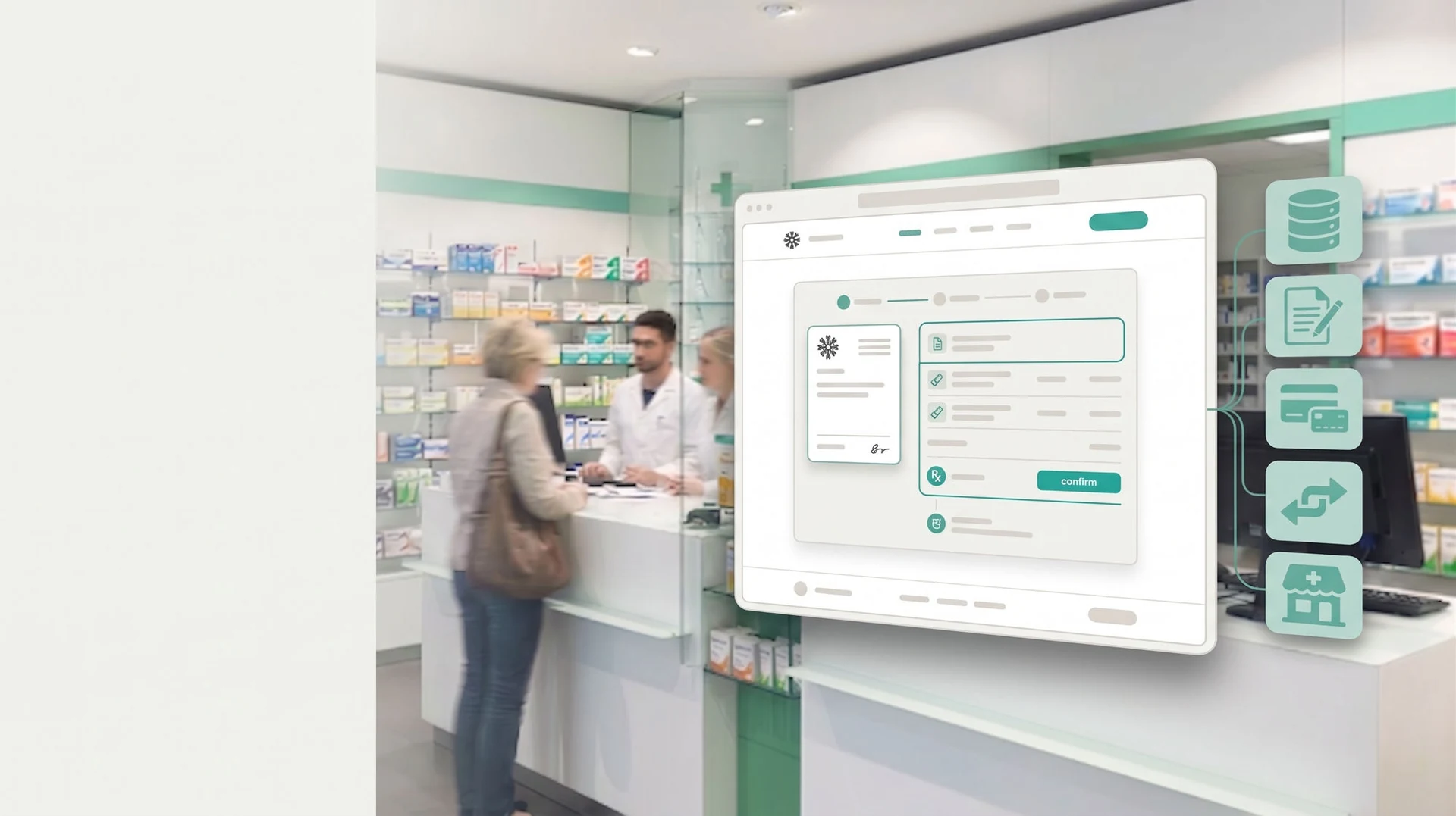 White-Label E-Rezept-Modul als SaaS-Visual vor einer modernen Apotheke mit angebundenen Systemen