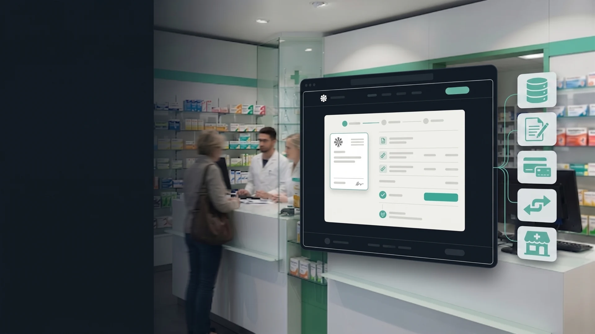 White-Label E-Rezept-Modul als SaaS-Visual vor einer modernen Apotheke mit angebundenen Systemen