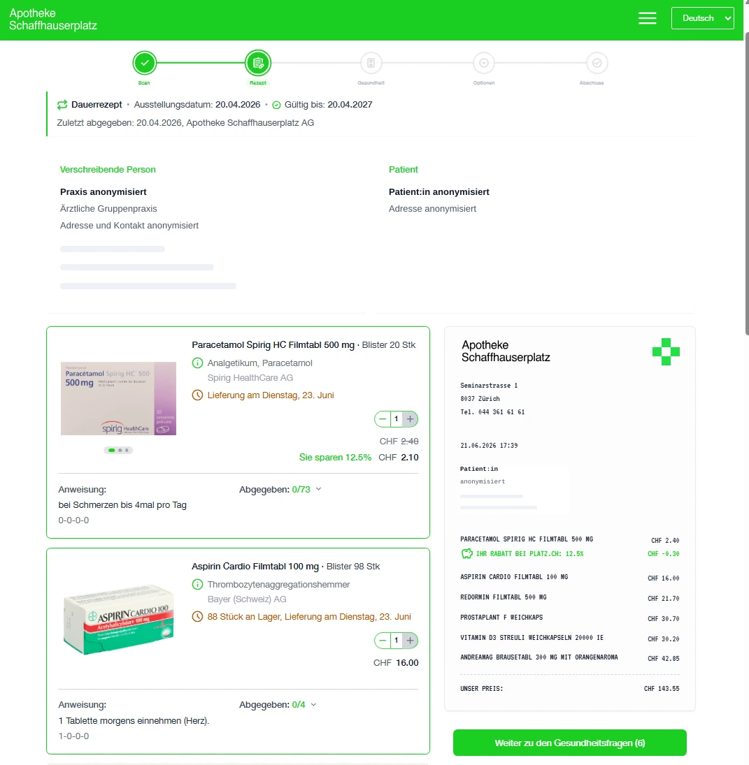 Anonymisierter Screenshot des E-Rezept-Moduls mit vollständig geprüftem Rezept und Medikamentenpositionen